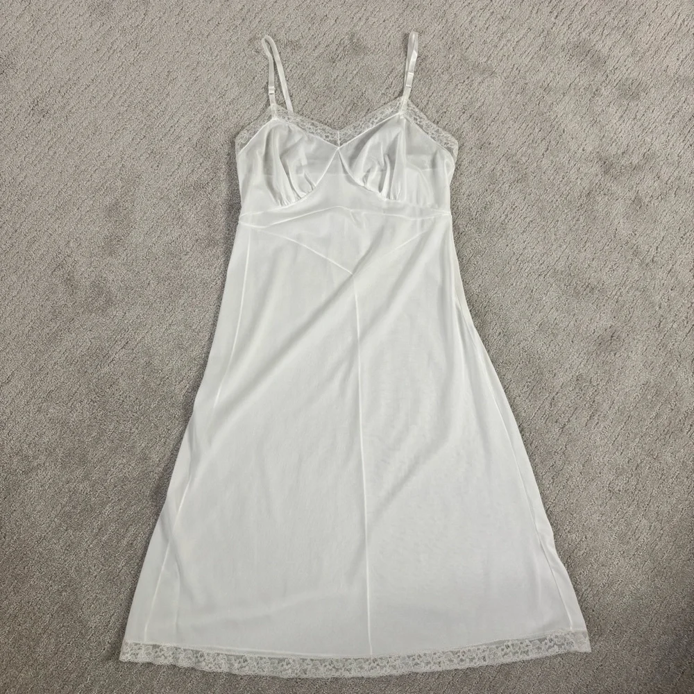 Vintage 70s Mojud White Lace Trim Nylon Slip Dress - Picture 8 of 13